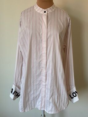 Dorothee Schumacher Love Faith Cuff Pin Stripe Mandarin Button Down Shirt Sz 3/M